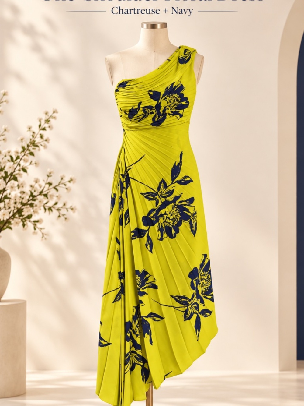 Chartreuse & Black Floral One-Shoulder Dress
